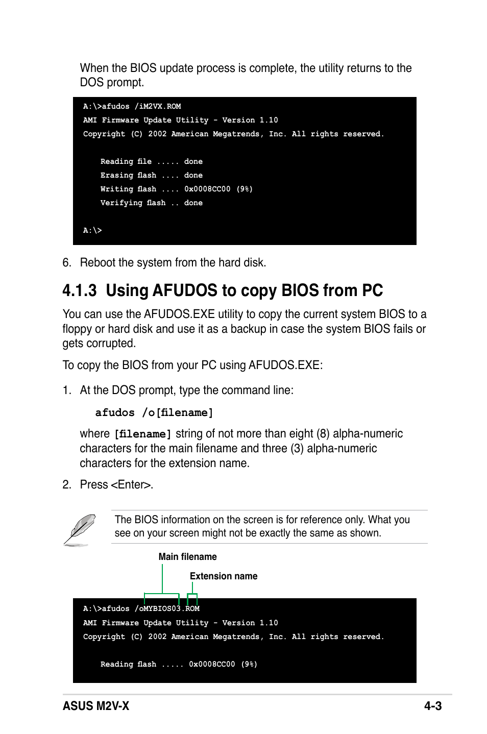 3 using afudos to copy bios from pc, Reboot the system from the hard disk | Asus M2V-X User Manual | Page 59 / 118