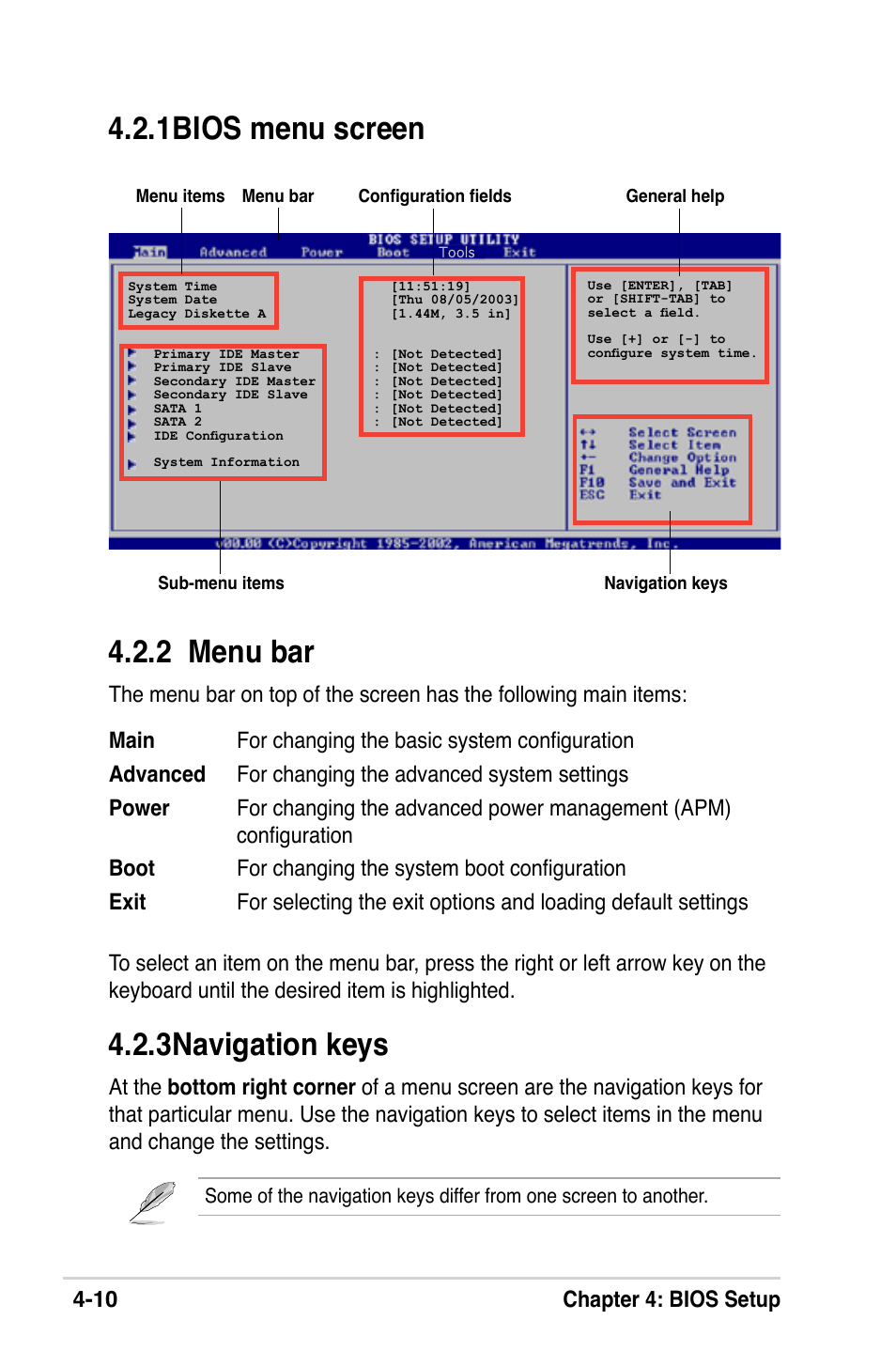 2 menu bar, 1 bios menu screen, 3 navigation keys | 10 chapter 4: bios setup | Asus M2V-X User Manual | Page 66 / 118