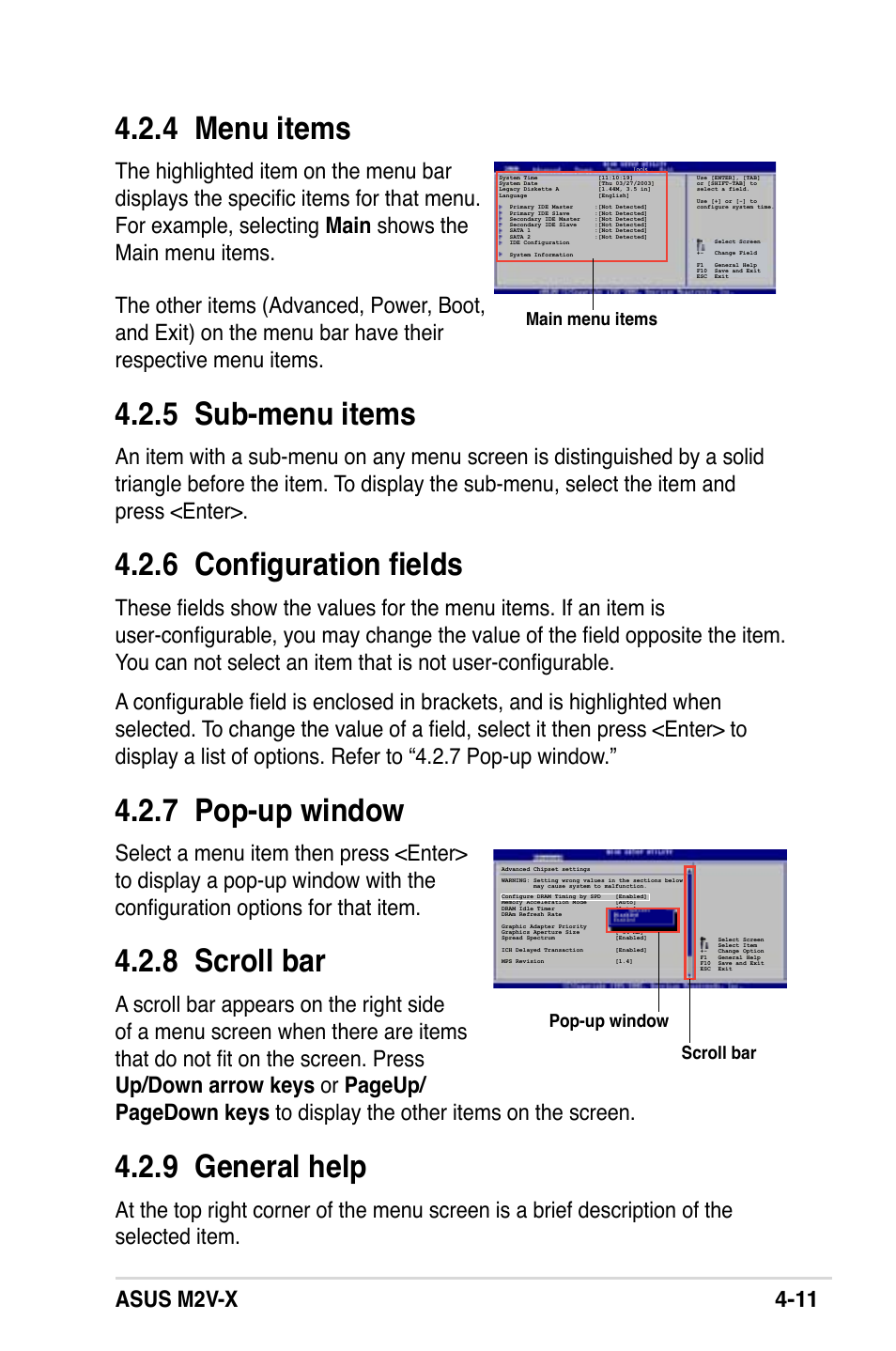 4 menu items, 5 sub-menu items, 6 configuration fields | 7 pop-up window,  scroll bar, 9 general help, Asus m2v-x 4-11, Main menu items scroll bar, Pop-up window | Asus M2V-X User Manual | Page 67 / 118