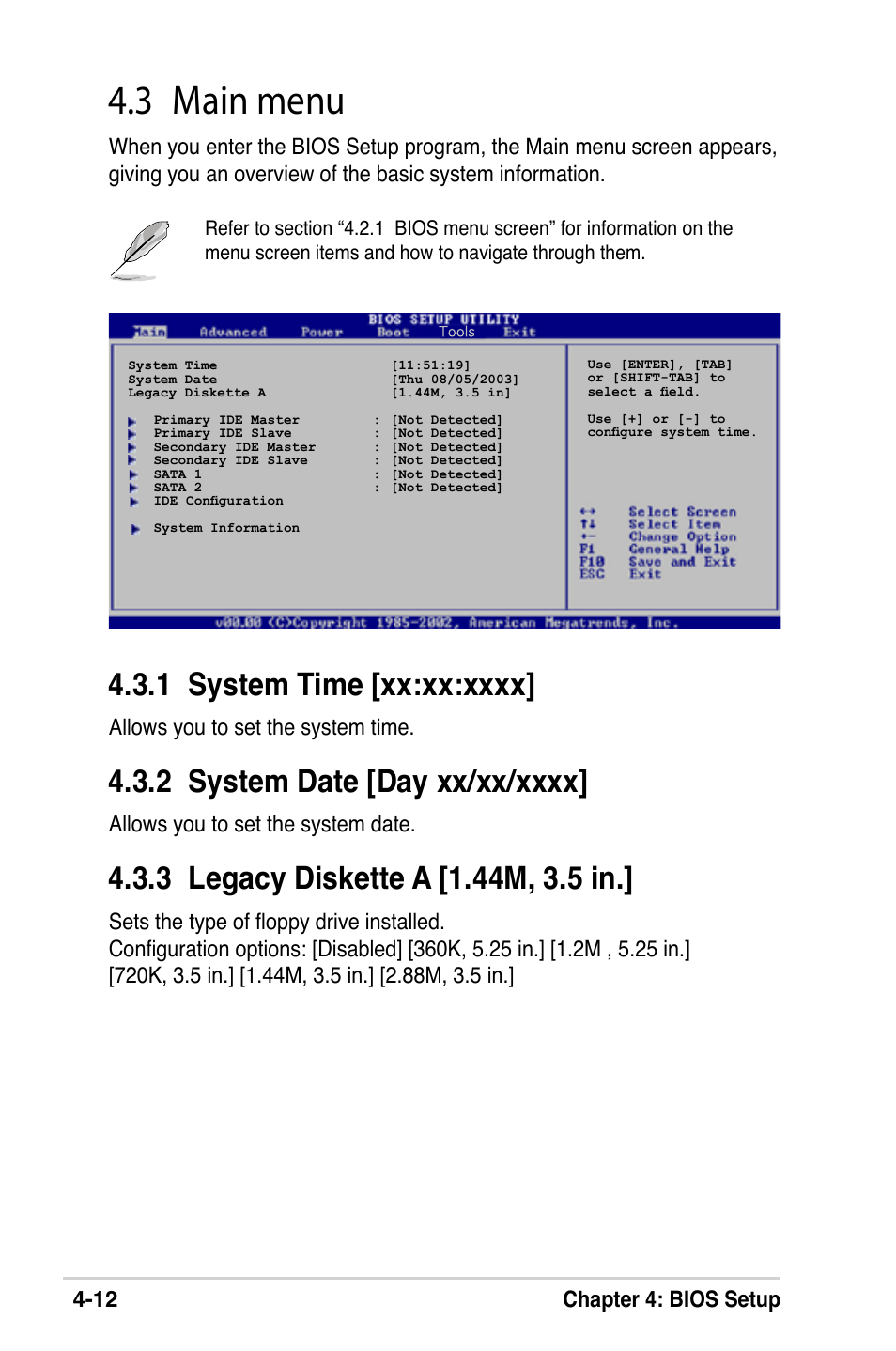 3 main menu, 12 chapter 4: bios setup, Allows you to set the system time | Allows you to set the system date | Asus M2V-X User Manual | Page 68 / 118
