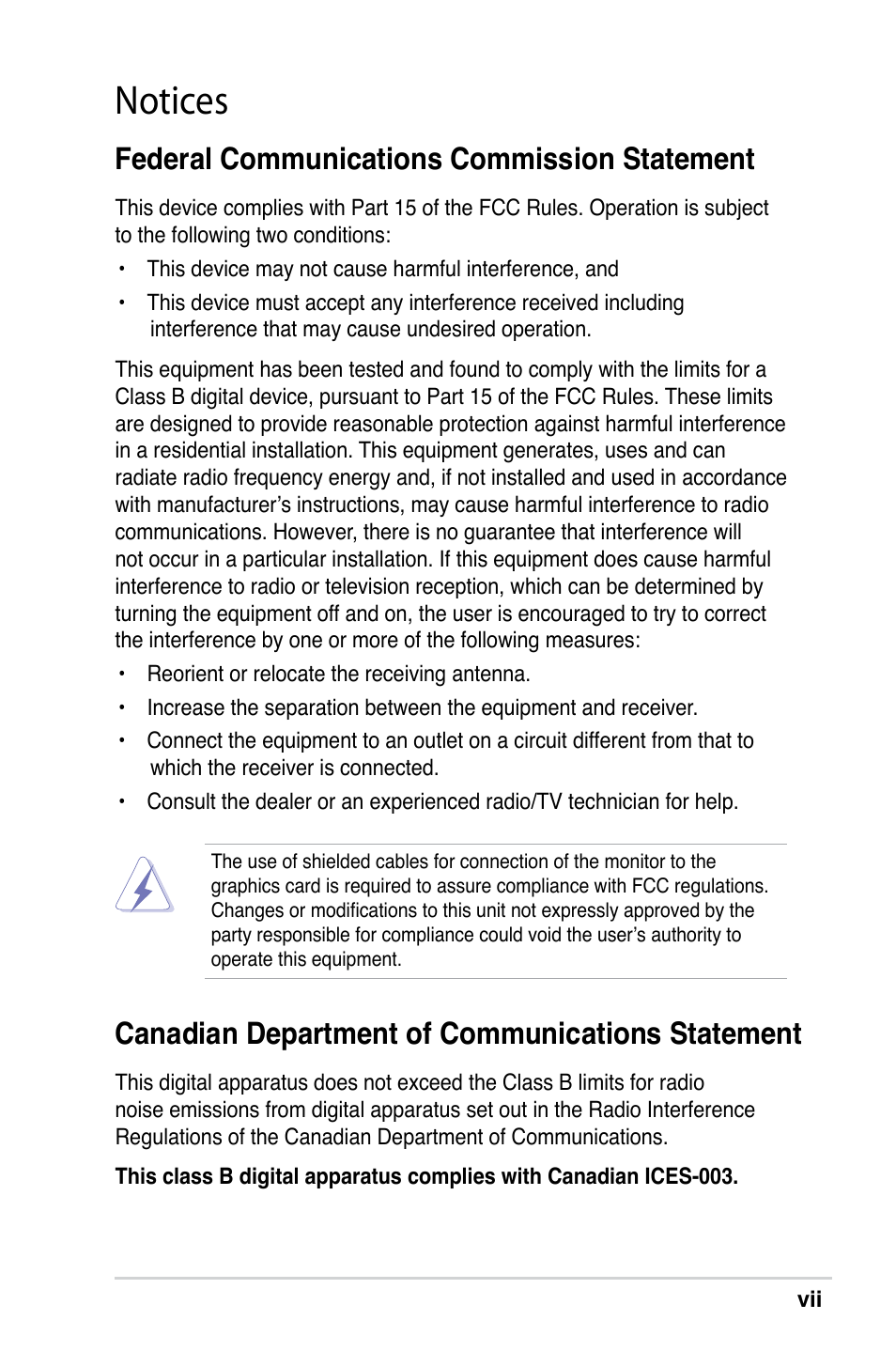 Notices, Federal communications commission statement, Canadian department of communications statement | Asus M2V-X User Manual | Page 7 / 118