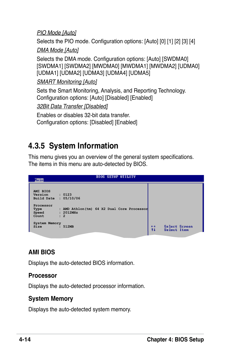 5 system information, Ami bios, Processor | Asus M2V-X User Manual | Page 70 / 118