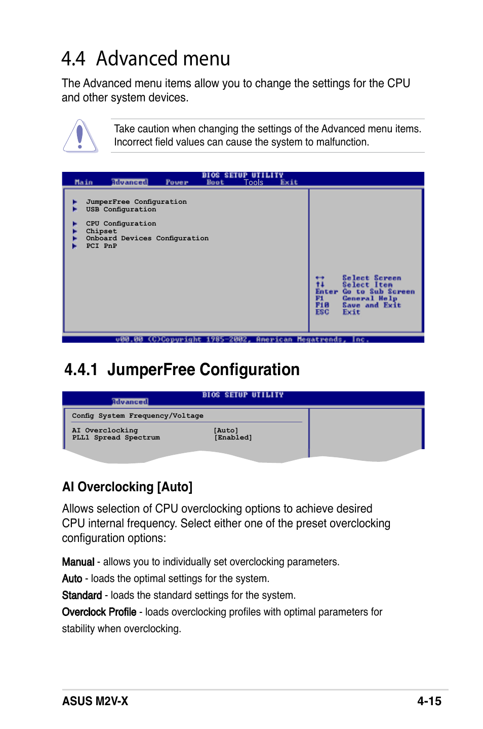 4 advanced menu, 1 jumperfree configuration, Ai overclocking [auto | Asus m2v-x 4-15 | Asus M2V-X User Manual | Page 71 / 118