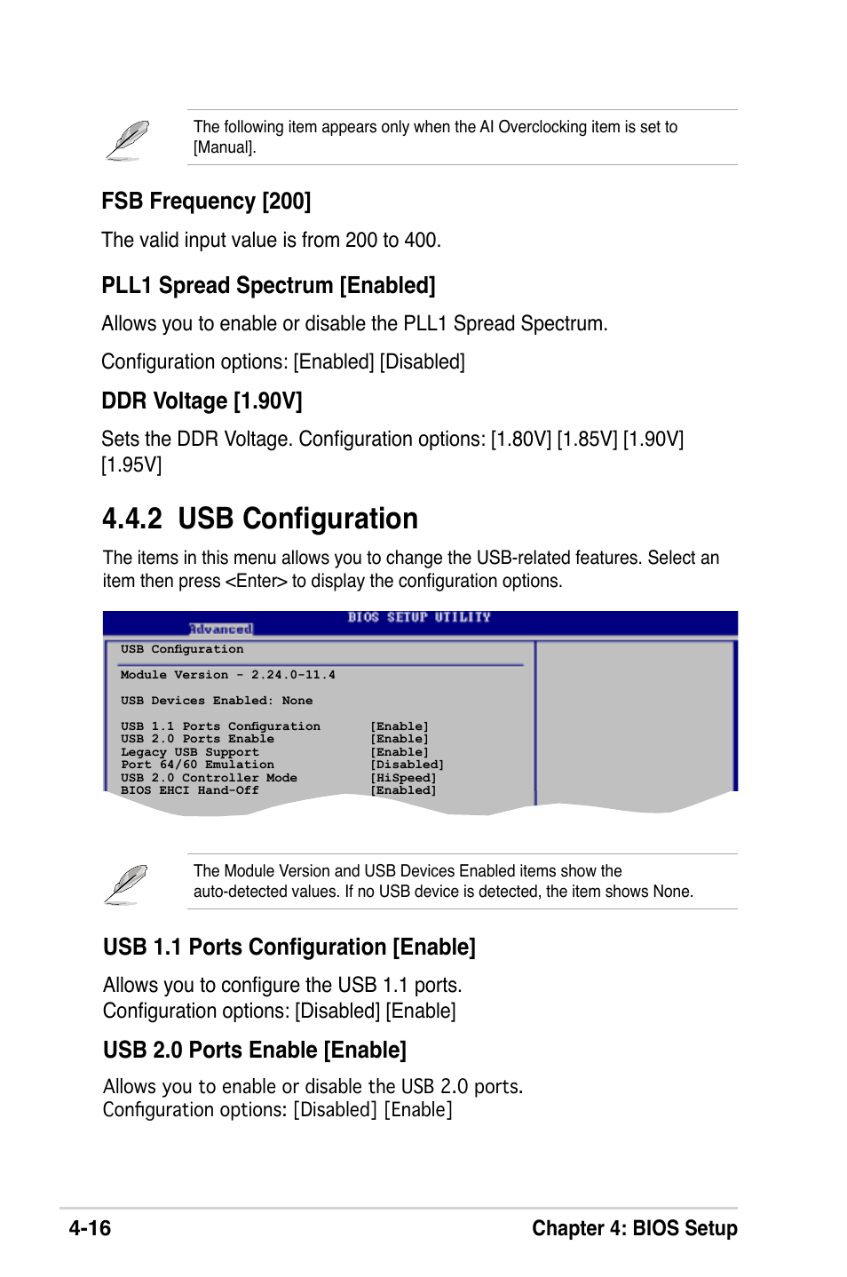 2 usb configuration, Fsb frequency [200, Pll1 spread spectrum [enabled | Ddr voltage [1.90v, Usb 1.1 ports configuration [enable, Usb 2.0 ports enable [enable, 16 chapter 4: bios setup | Asus M2V-X User Manual | Page 72 / 118