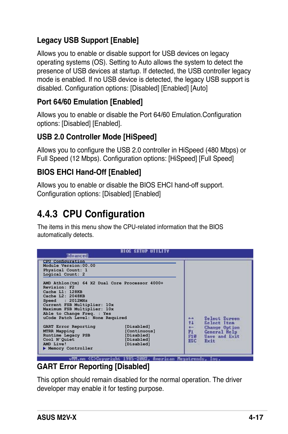 3 cpu configuration, Legacy usb support [enable, Port 64/60 emulation [enabled | Usb 2.0 controller mode [hispeed, Bios ehci hand-off [enabled, Gart error reporting [disabled, Asus m2v-x 4-17 | Asus M2V-X User Manual | Page 73 / 118