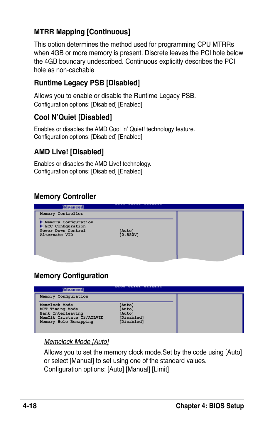 Mtrr mapping [continuous, Runtime legacy psb [disabled, Cool n’quiet [disabled | Amd live! [disabled, 1 chapter 4: bios setup | Asus M2V-X User Manual | Page 74 / 118