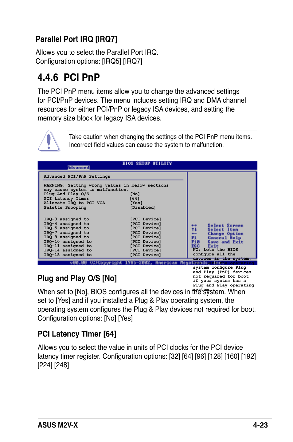 6 pci pnp, Plug and play o/s [no, Pci latency timer [64 | Parallel port irq [irq7, Asus m2v-x 4-23 | Asus M2V-X User Manual | Page 79 / 118