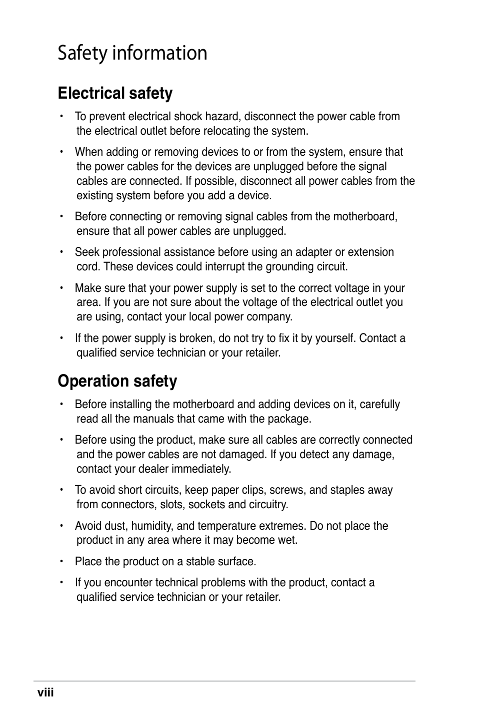 Safety information, Electrical safety, Operation safety | Asus M2V-X User Manual | Page 8 / 118