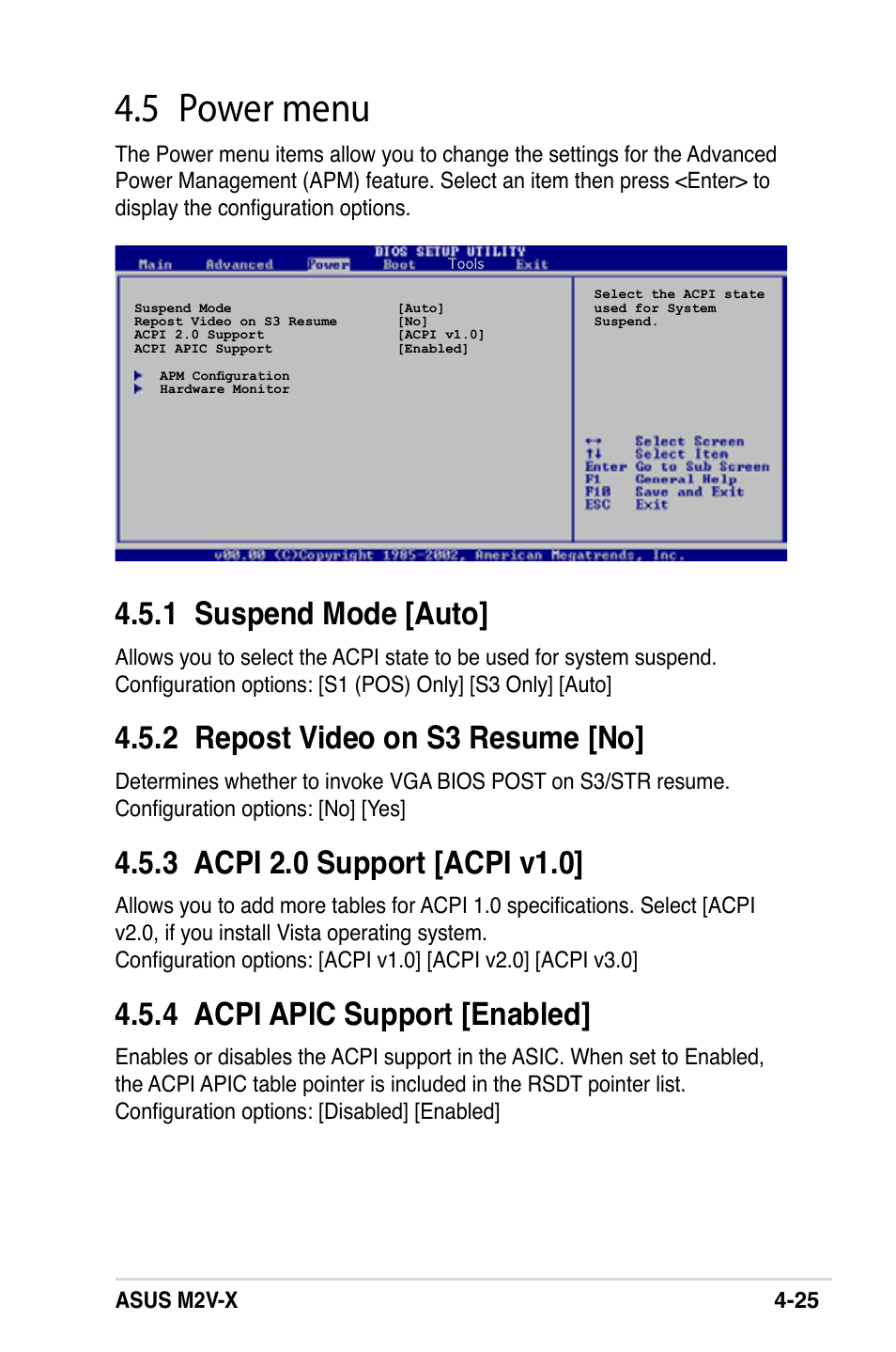 5 power menu, 1 suspend mode [auto, 2 repost video on s3 resume [no | 4 acpi apic support [enabled | Asus M2V-X User Manual | Page 81 / 118