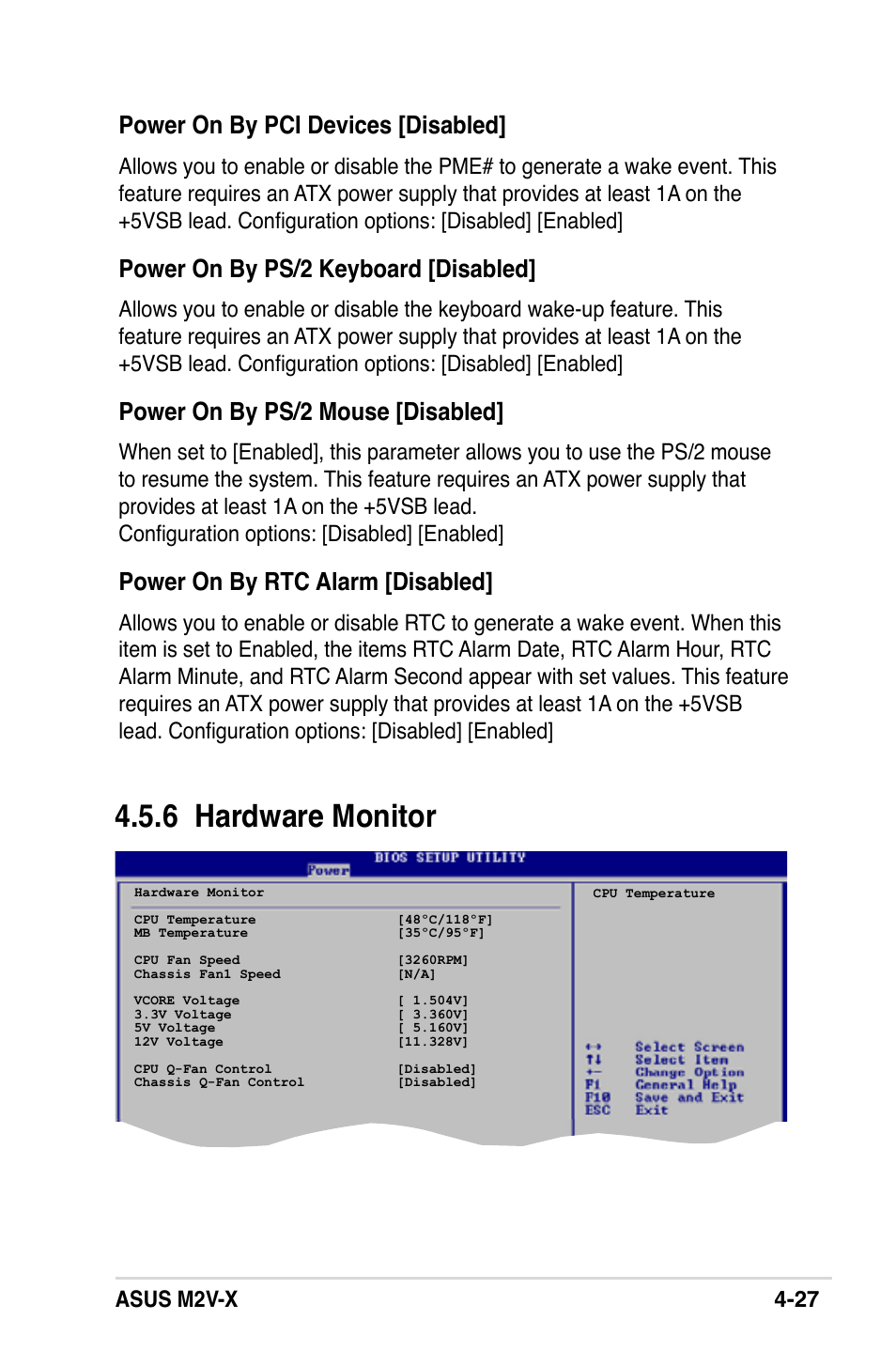 6 hardware monitor, Power on by pci devices [disabled, Power on by ps/2 keyboard [disabled | Power on by ps/2 mouse [disabled, Power on by rtc alarm [disabled, Asus m2v-x 4-27 | Asus M2V-X User Manual | Page 83 / 118