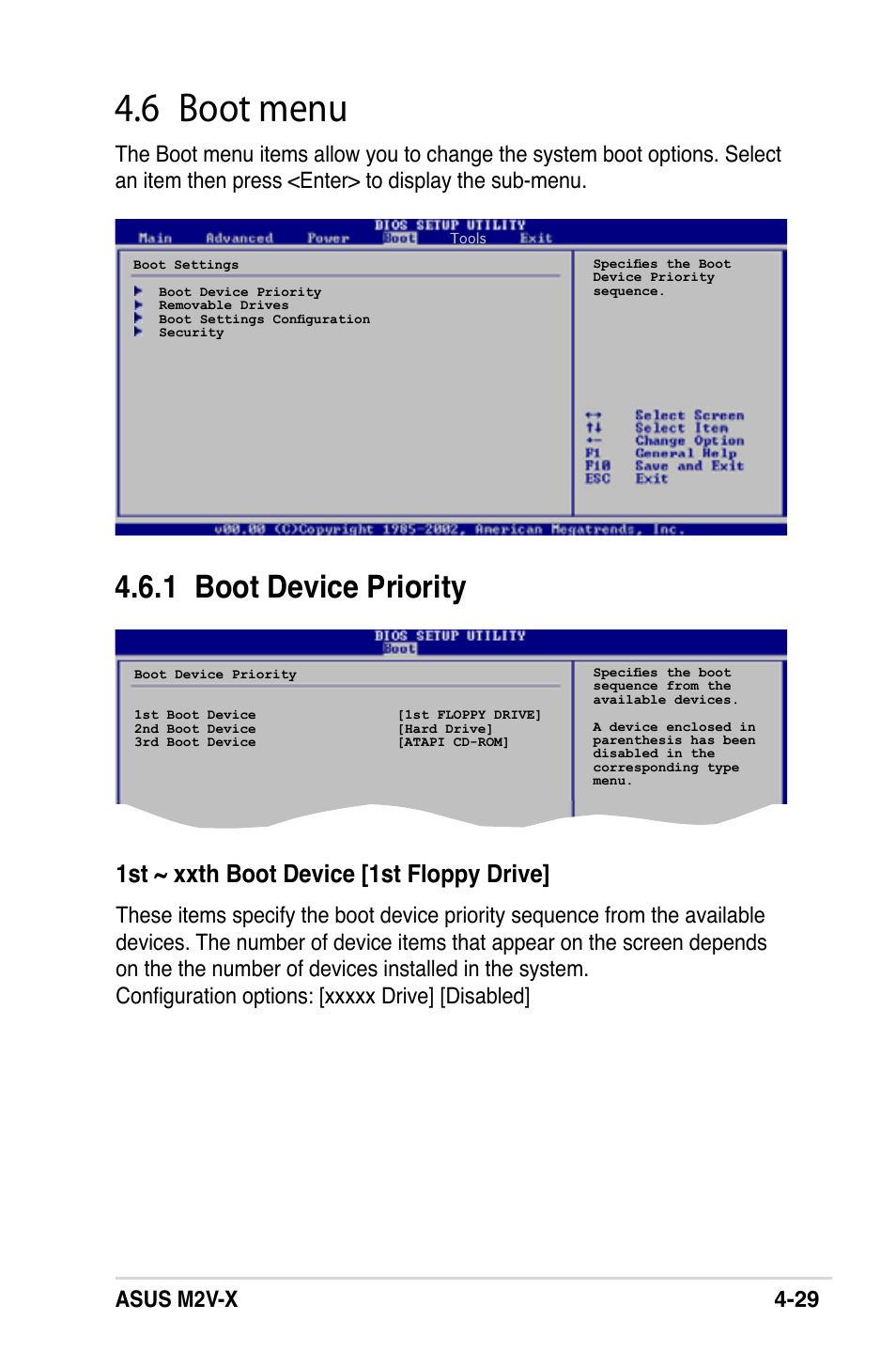 6 boot menu, 1 boot device priority, 1st ~ xxth boot device [1st floppy drive | Asus m2v-x 4-29 | Asus M2V-X User Manual | Page 85 / 118