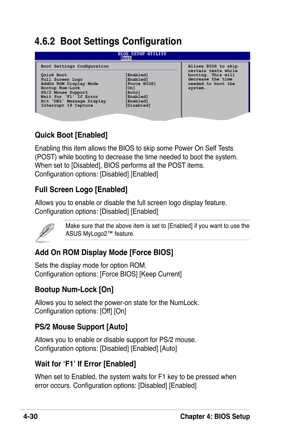 2 boot settings configuration, Quick boot [enabled, Full screen logo [enabled | Add on rom display mode [force bios, Bootup num-lock [on, Ps/2 mouse support [auto, Wait for ‘f1’ if error [enabled, 30 chapter 4: bios setup | Asus M2V-X User Manual | Page 86 / 118