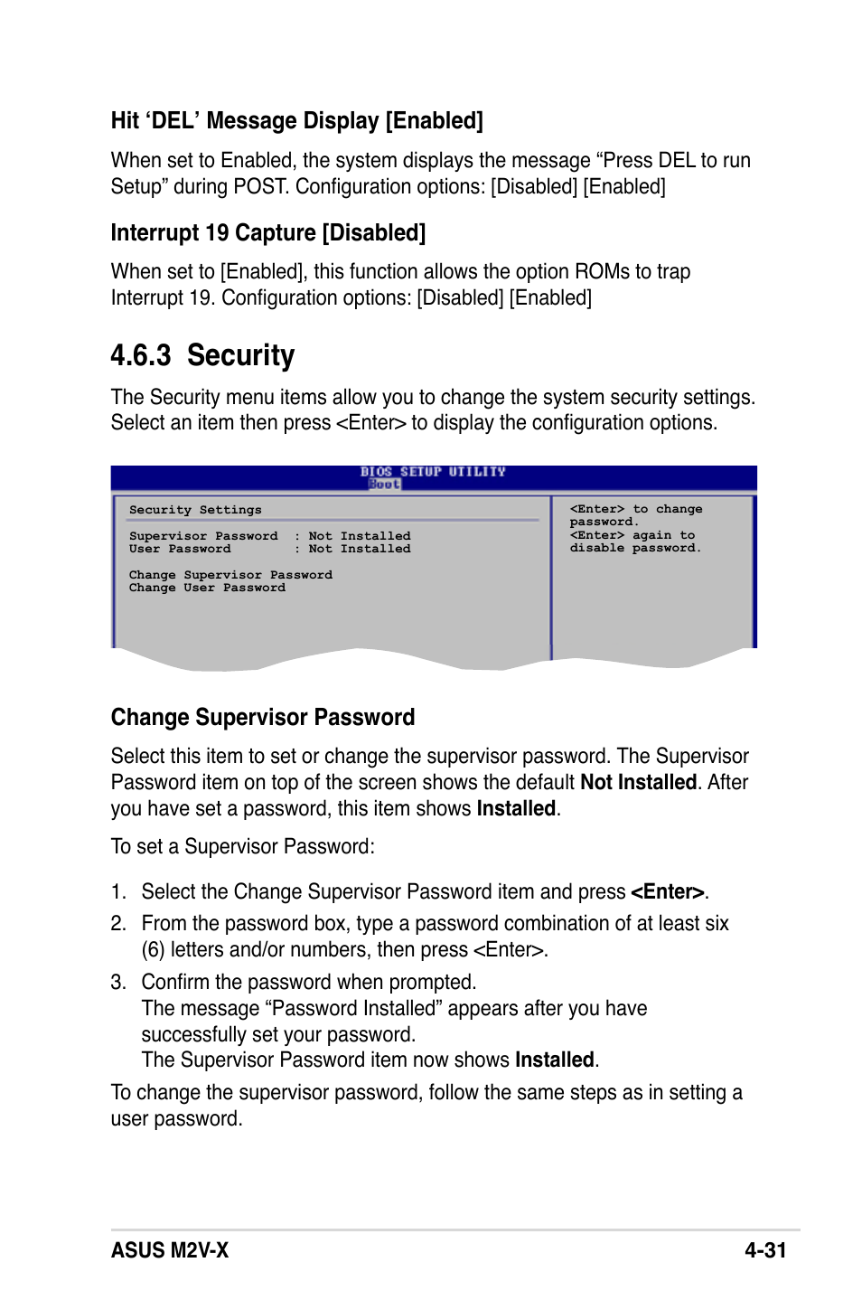 3 security, Hit ‘del’ message display [enabled, Interrupt 19 capture [disabled | Change supervisor password | Asus M2V-X User Manual | Page 87 / 118