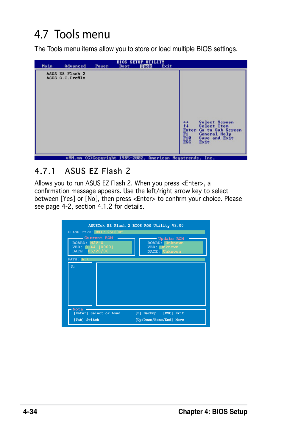 7 tools menu, 1 asus ez flash 2, 34 chapter 4: bios setup | Asus M2V-X User Manual | Page 90 / 118