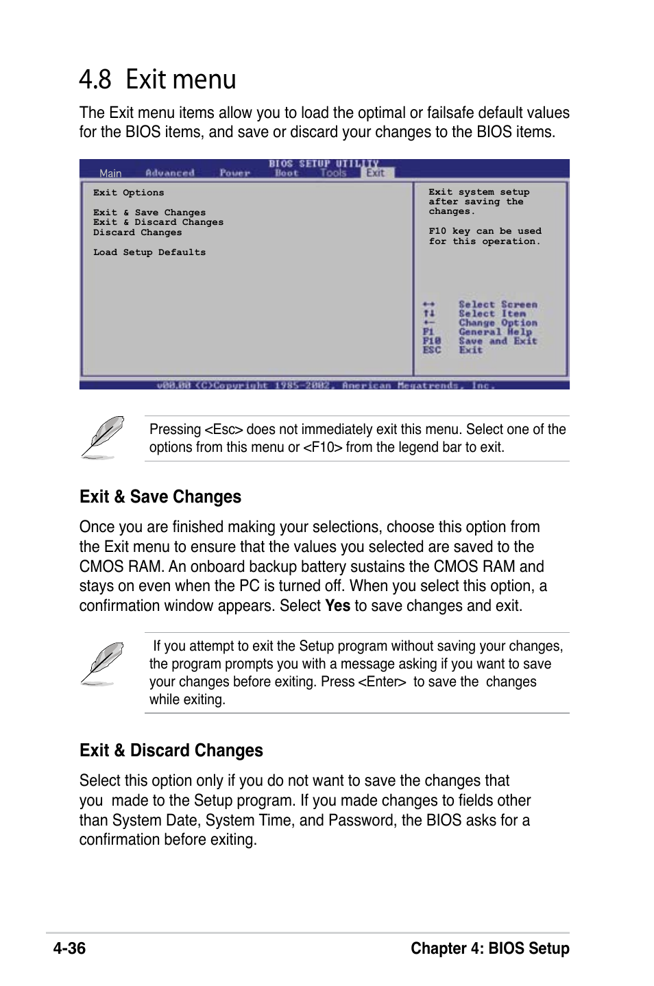 8 exit menu, Exit & save changes, Exit & discard changes | 36 chapter 4: bios setup | Asus M2V-X User Manual | Page 92 / 118