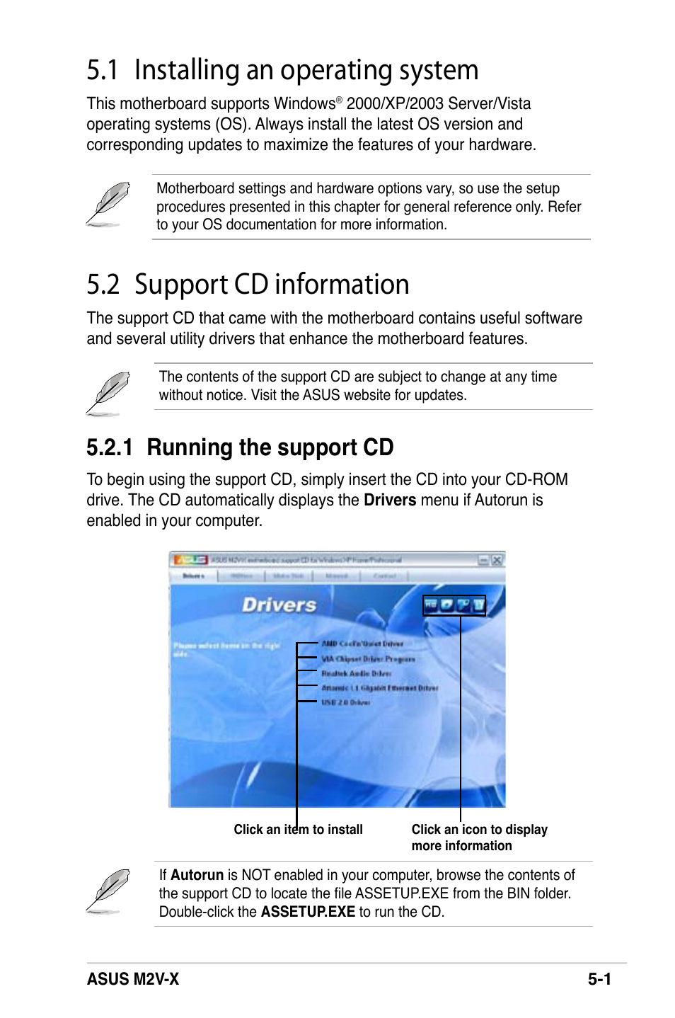 1 installing an operating system, 2 support cd information, 1 running the support cd | Asus M2V-X User Manual | Page 97 / 118