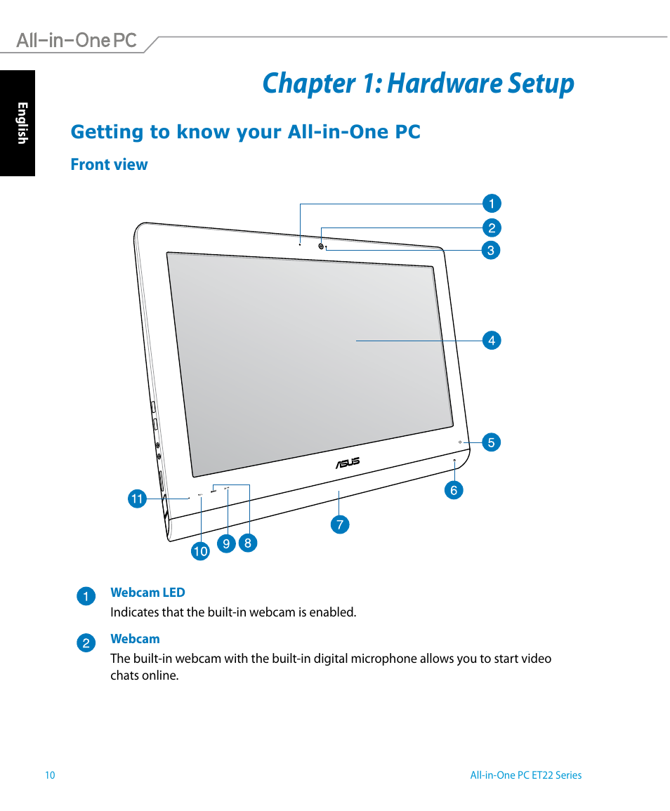 Chapter 1: hardware setup, Getting to know your all-in-one pc, Front view | Asus ET2221IUTH User Manual | Page 10 / 58