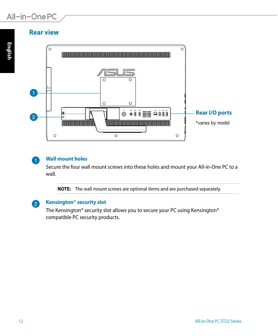 Rear view, Rear i/o ports, Rear view rear i/o ports | Asus ET2221IUTH User Manual | Page 12 / 58