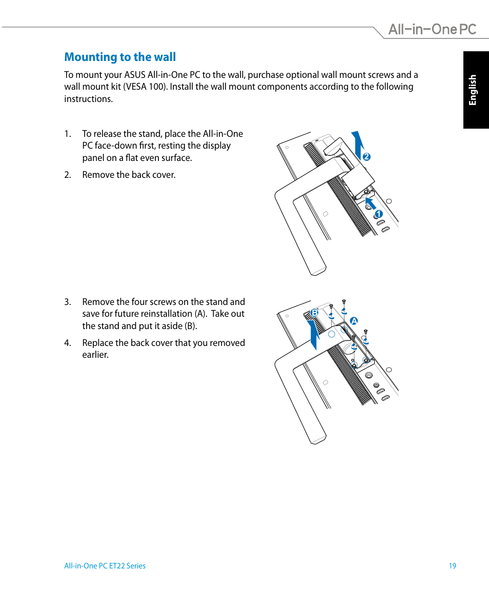 Mounting to the wall | Asus ET2221IUTH User Manual | Page 19 / 58