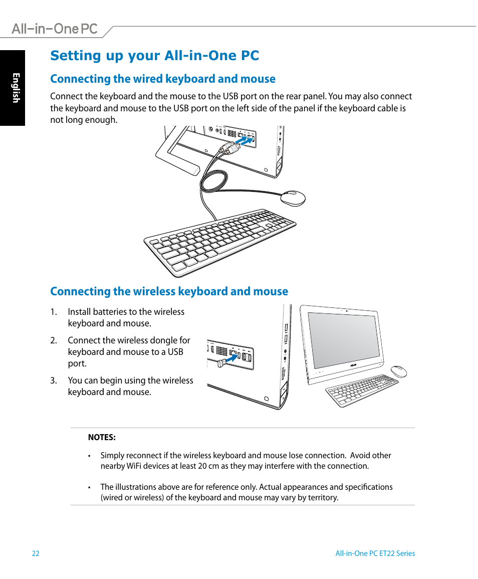 Setting up your all-in-one pc, Connecting the wired keyboard and mouse, Connecting the wireless keyboard and mouse | Asus ET2221IUTH User Manual | Page 22 / 58