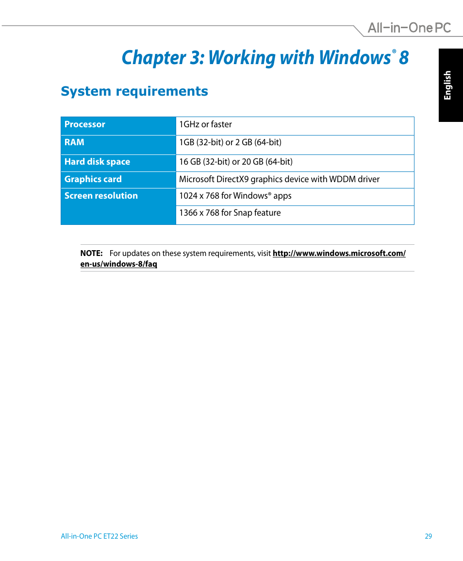 Chapter 3: working with windows® 8, System requirements, Chapter 3: working with windows | Asus ET2221IUTH User Manual | Page 29 / 58