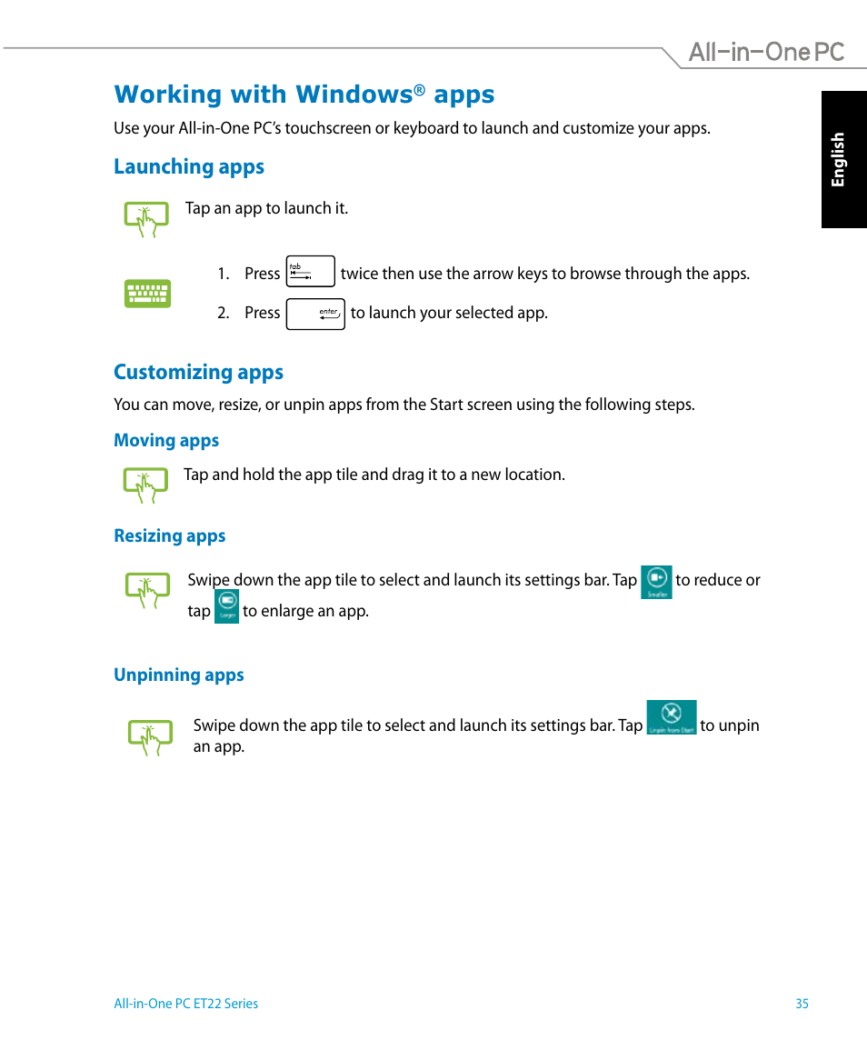 Working with windows® apps, Launching apps, Customizing apps | Working with windows, Apps | Asus ET2221IUTH User Manual | Page 35 / 58