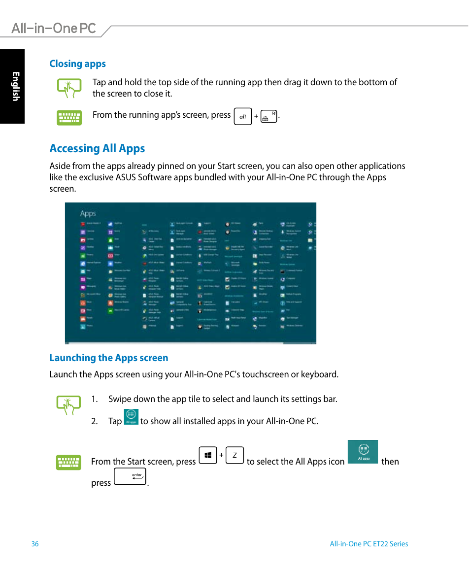 Accessing all apps | Asus ET2221IUTH User Manual | Page 36 / 58