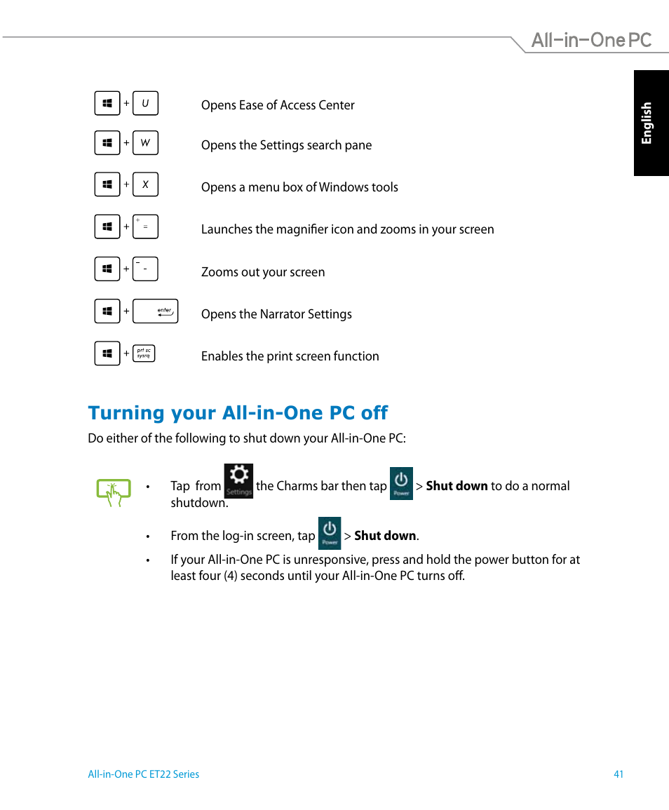 Turning your all-in-one pc off | Asus ET2221IUTH User Manual | Page 41 / 58