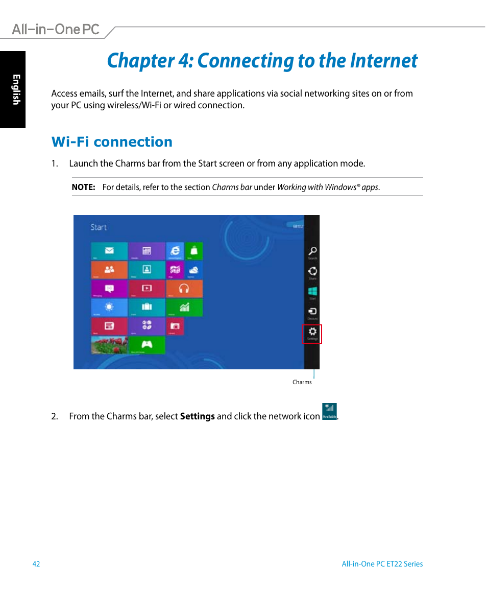 Chapter 4: connecting to the internet, Wi-fi connection | Asus ET2221IUTH User Manual | Page 42 / 58