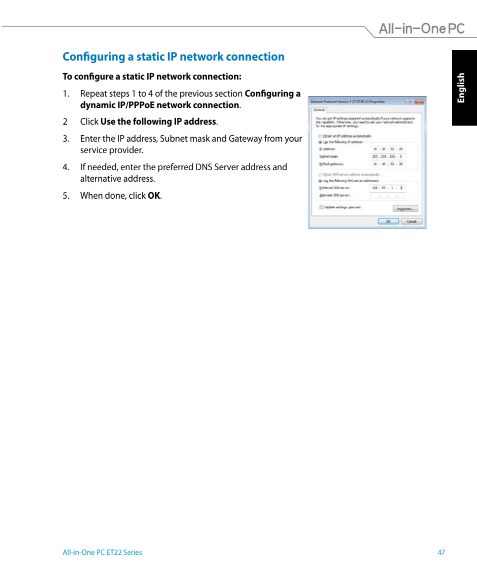 Configuring a static ip network connection | Asus ET2221IUTH User Manual | Page 47 / 58