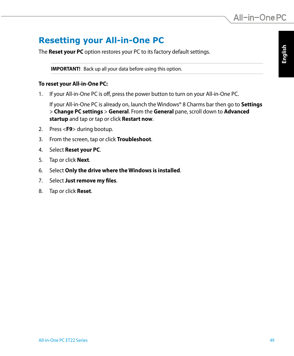 Resetting your all-in-one pc | Asus ET2221IUTH User Manual | Page 49 / 58