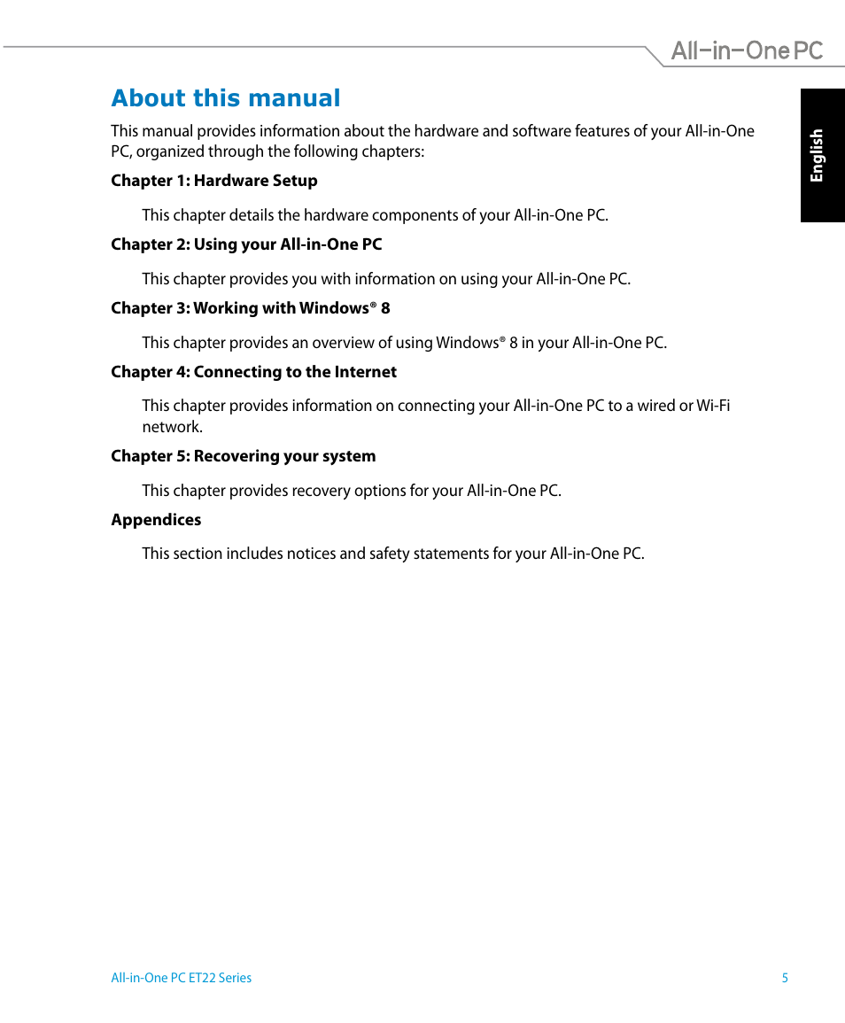 About this manual | Asus ET2221IUTH User Manual | Page 5 / 58