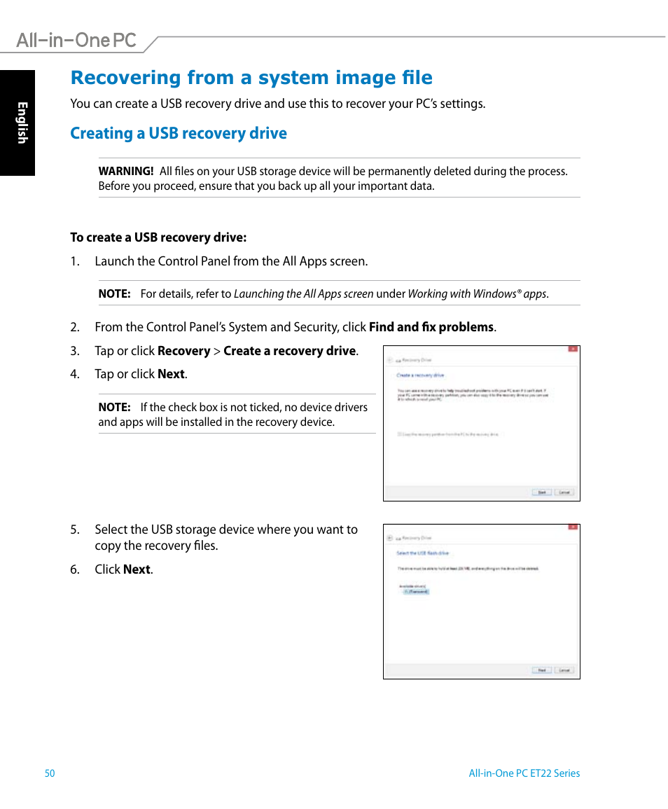 Recovering from a system image file, Creating a usb recovery drive | Asus ET2221IUTH User Manual | Page 50 / 58