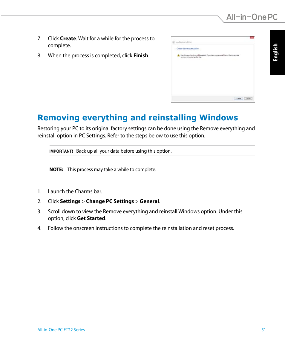 Removing everything and reinstalling windows | Asus ET2221IUTH User Manual | Page 51 / 58