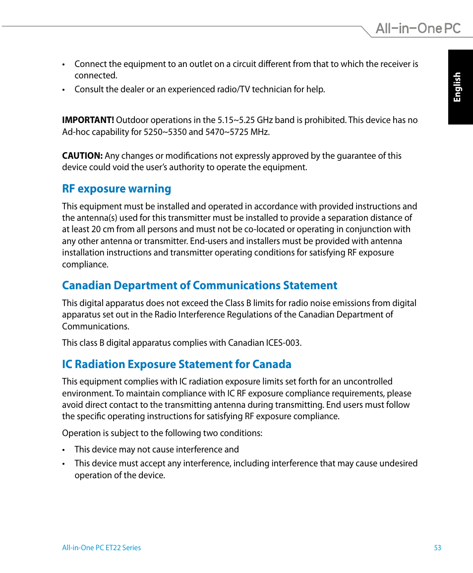 Rf exposure warning, Canadian department of communications statement, Ic radiation exposure statement for canada | Asus ET2221IUTH User Manual | Page 53 / 58