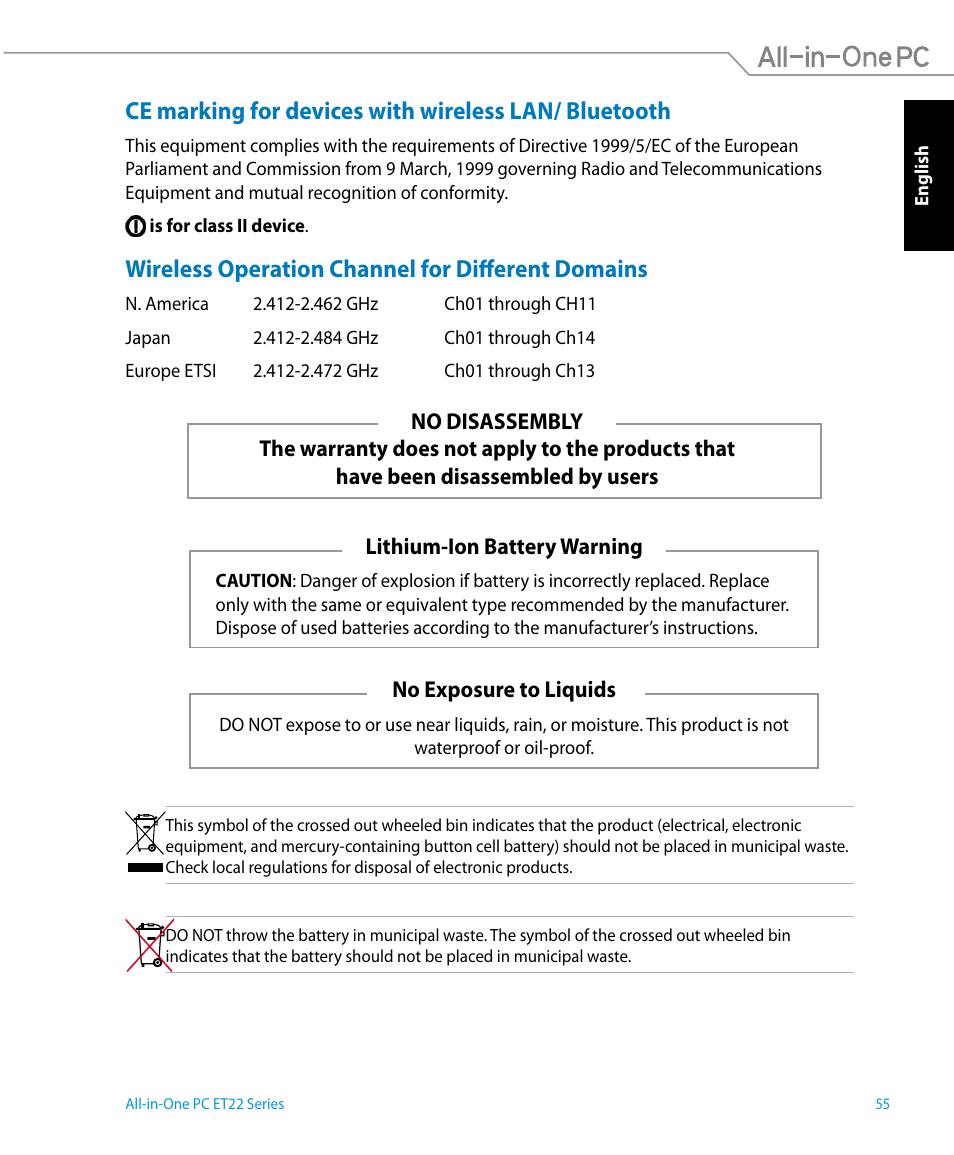 Wireless operation channel for different domains, No exposure to liquids | Asus ET2221IUTH User Manual | Page 55 / 58