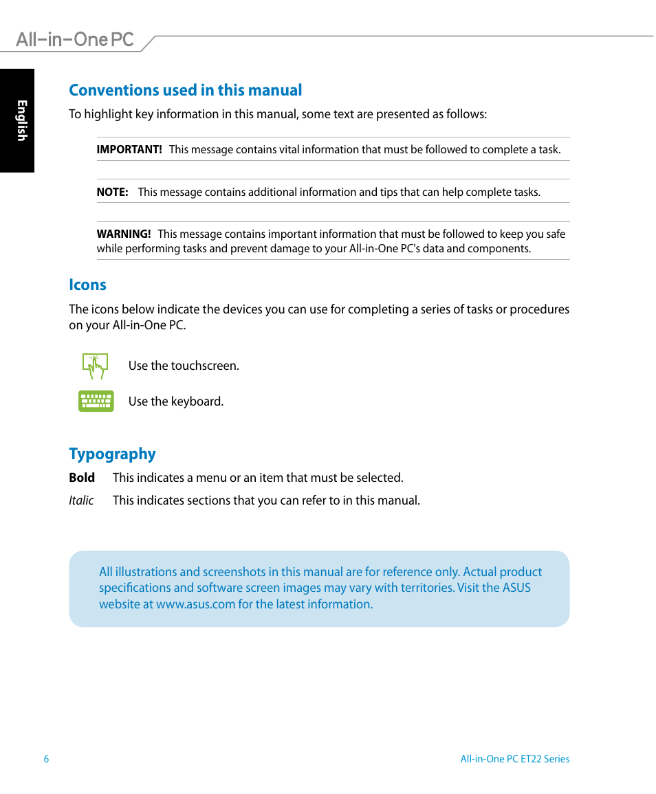 Conventions used in this manual, Icons, Typography | Conventions used in this manual icons typography | Asus ET2221IUTH User Manual | Page 6 / 58