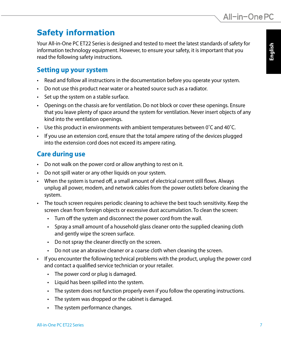 Safety information, Setting up your system, Care during use | Setting up your system care during use | Asus ET2221IUTH User Manual | Page 7 / 58