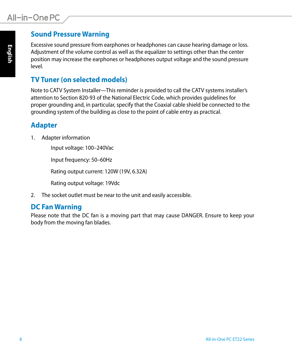 Sound pressure warning, Tv tuner (on selected models), Adapter | Dc fan warning | Asus ET2221IUTH User Manual | Page 8 / 58