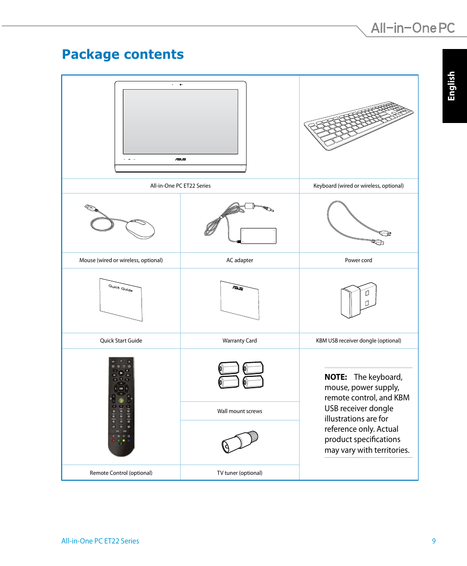 Package contents, English | Asus ET2221IUTH User Manual | Page 9 / 58