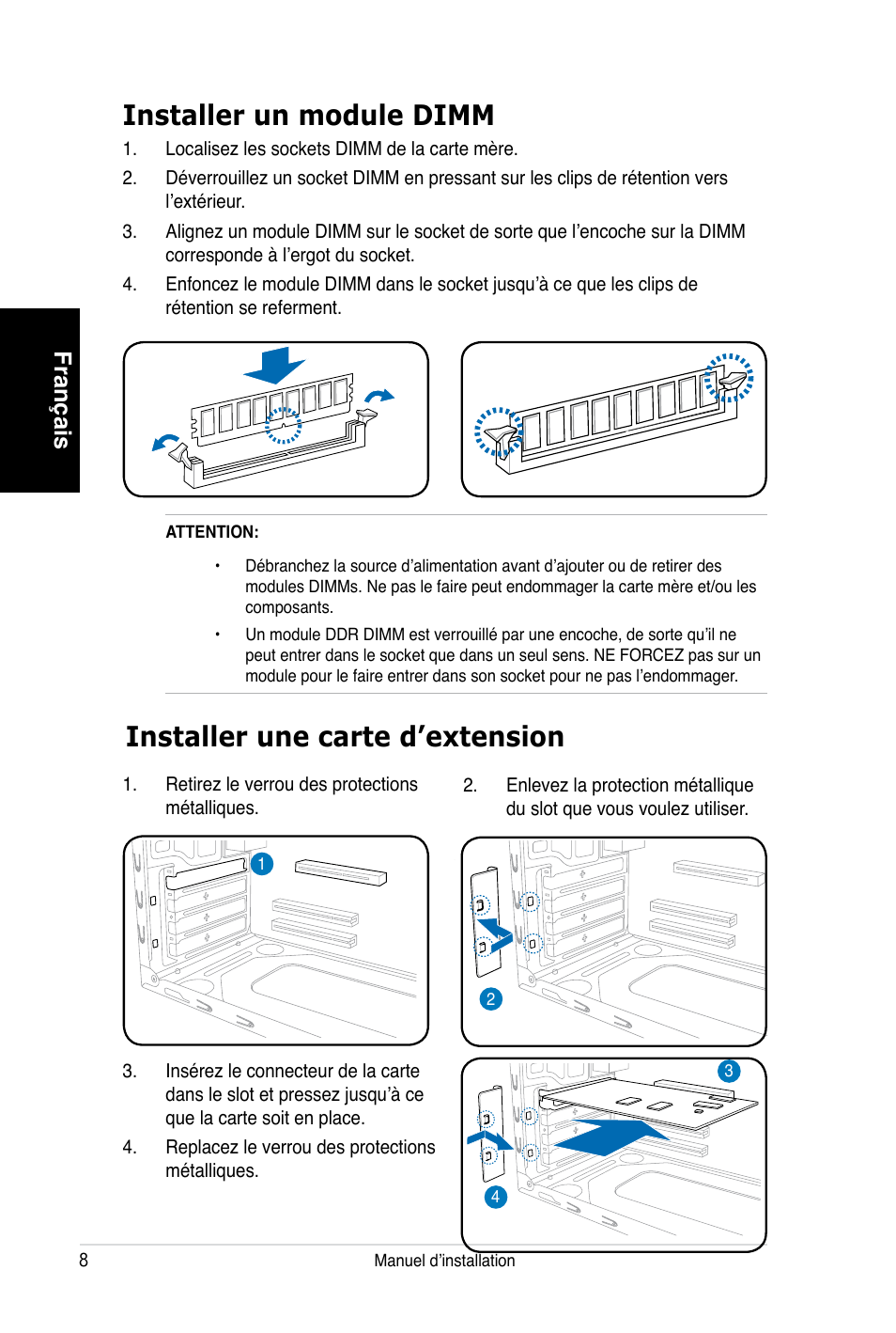 Installer un module dimm, Installer une carte d’extension, Français | Asus V3-P5V900 User Manual | Page 18 / 100