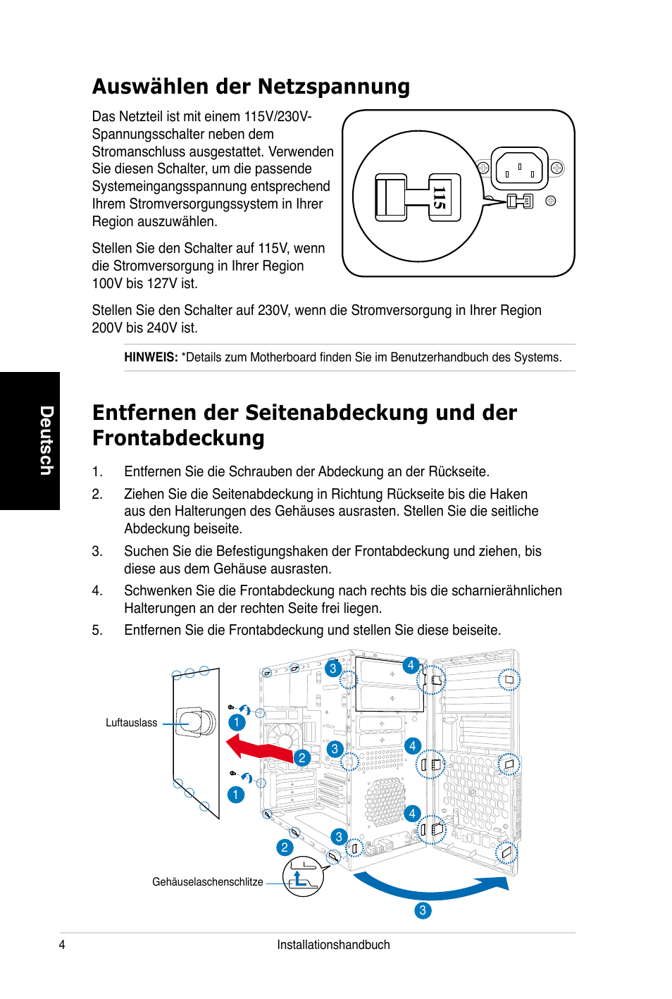 Auswählen der netzspannung, Deutsch | Asus V3-P5V900 User Manual | Page 24 / 100