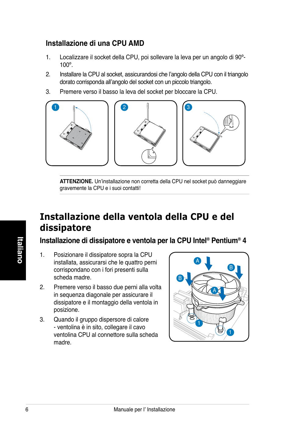 Italiano installazione di una cpu amd, Pentium | Asus V3-P5V900 User Manual | Page 36 / 100