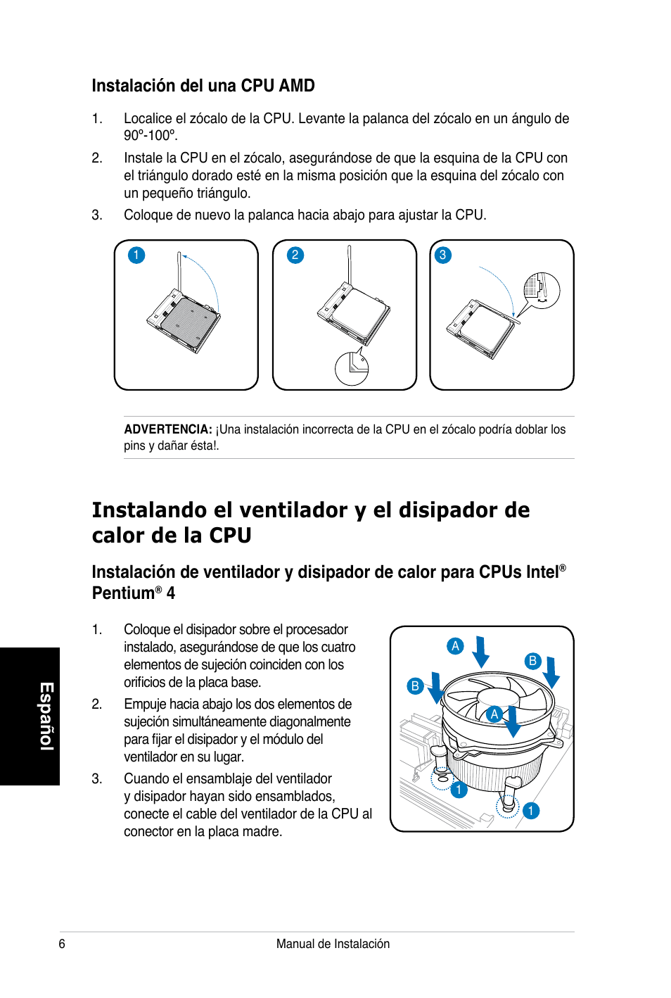 Español, Pentium, Instalación del una cpu amd | Asus V3-P5V900 User Manual | Page 46 / 100