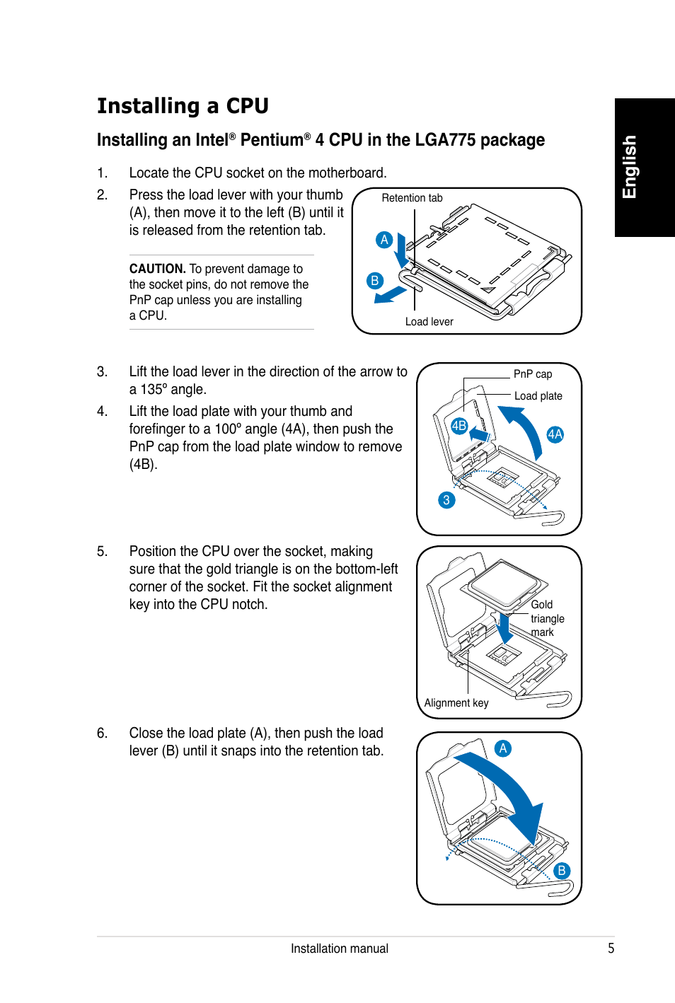 Installing a cpu, English, Installing an intel | Pentium, 4 cpu in the lga775 package | Asus V3-P5V900 User Manual | Page 5 / 100