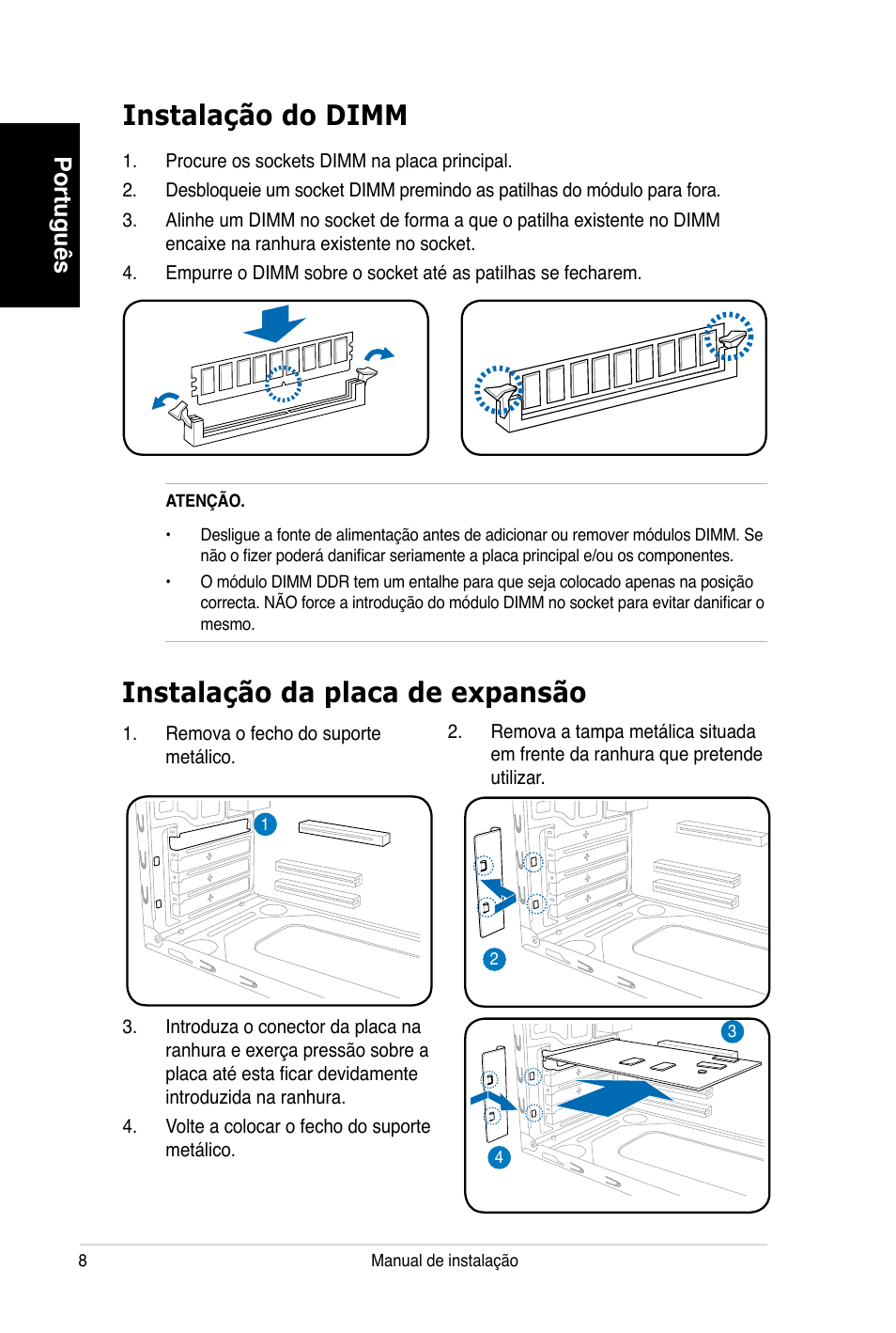 Instalação da placa de expansão instalação do dimm, Português | Asus V3-P5V900 User Manual | Page 68 / 100