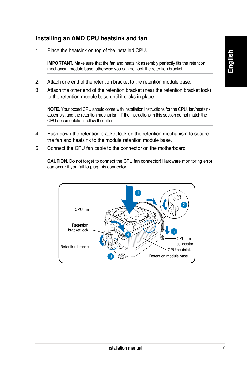 Installing an amd cpu heatsink and fan, English installing an amd cpu heatsink and fan | Asus V3-P5V900 User Manual | Page 7 / 100