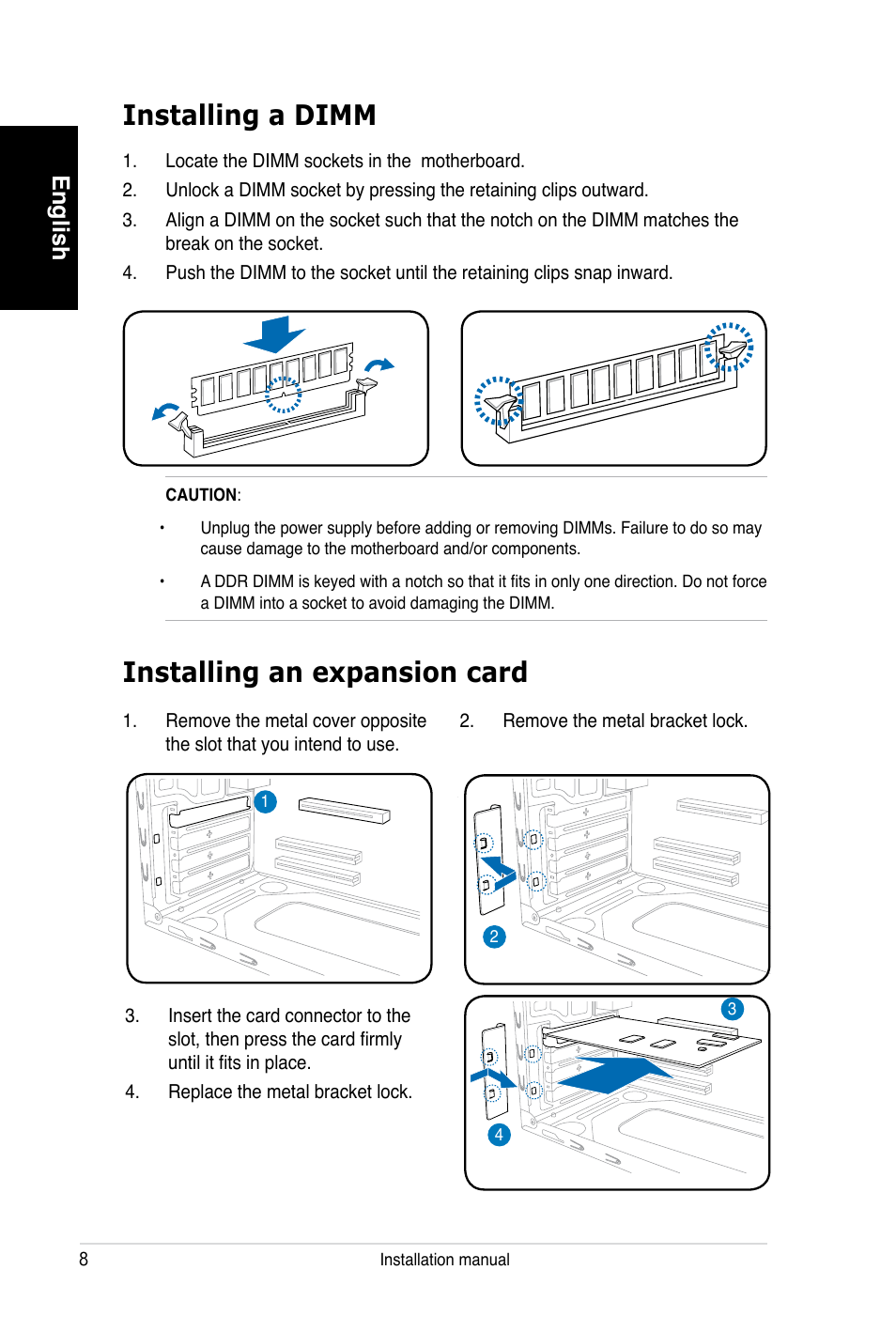 Installing a dimm, Installing an expansion card, English | Asus V3-P5V900 User Manual | Page 8 / 100