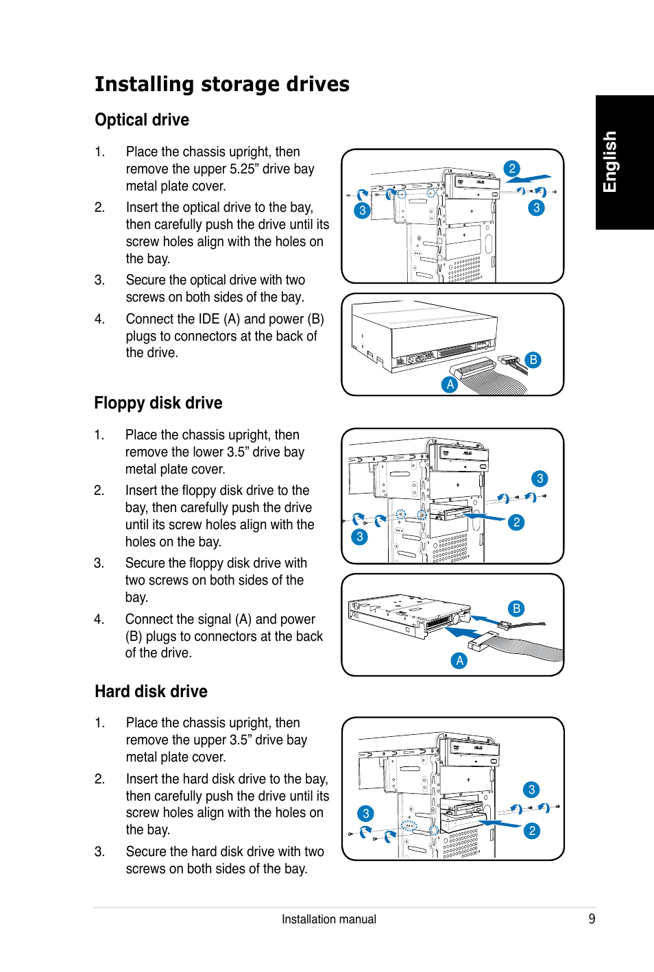 Installing storage drives, Optical drive, Floppy disk drive | Hard disk drive, English hard disk drive | Asus V3-P5V900 User Manual | Page 9 / 100