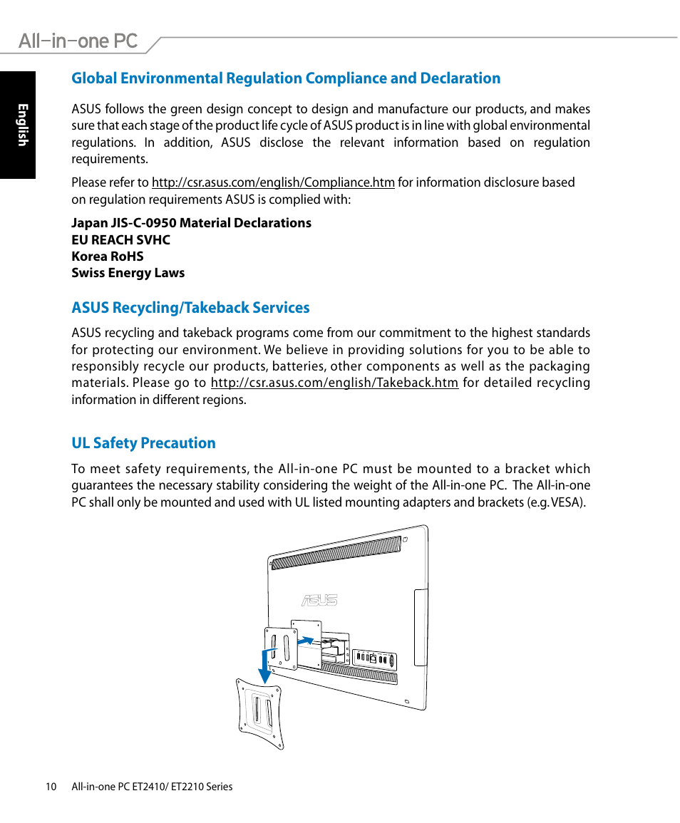 Asus recycling/takeback services, Ul safety precaution | Asus ET2410IUTS User Manual | Page 10 / 38